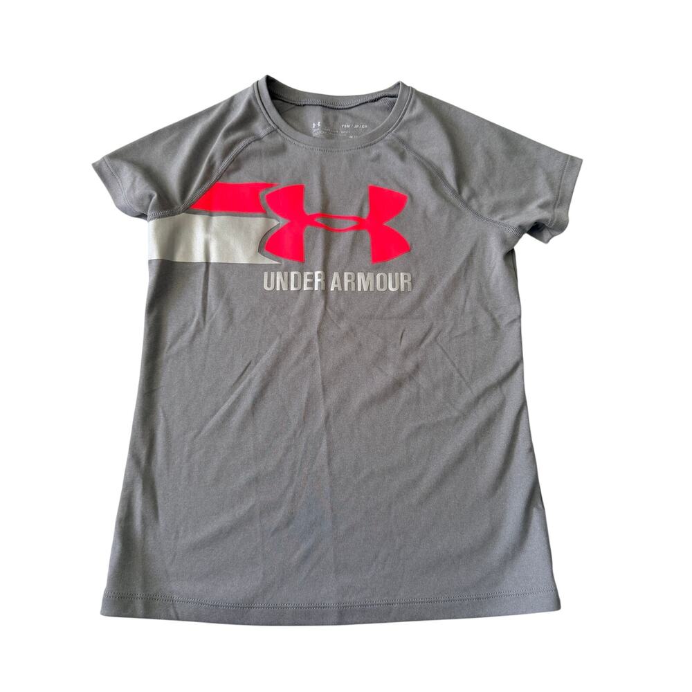 Under Armour Girls Big Logo Tee - Gray & Pink Youth Small
